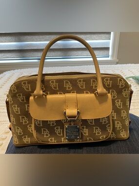 Dooney & Bourke Brown Logo Satchel with Tan Trim and Gold Hardware